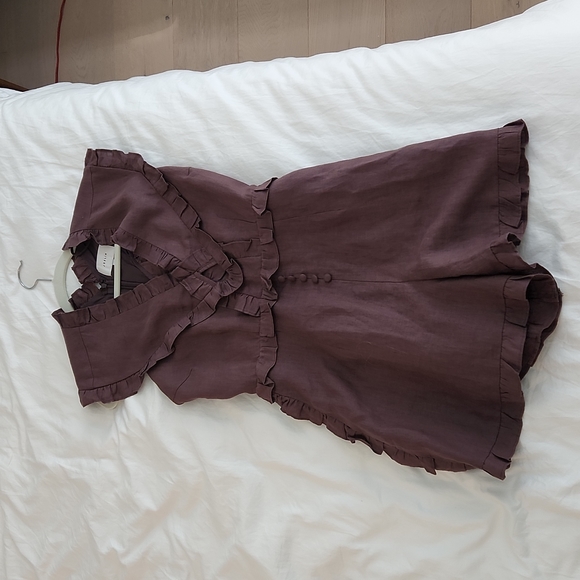 Joslin Studio Kayla Linen Jumpsuit Romper Small Medium Chocolate Brown Ruffle - Picture 3 of 7